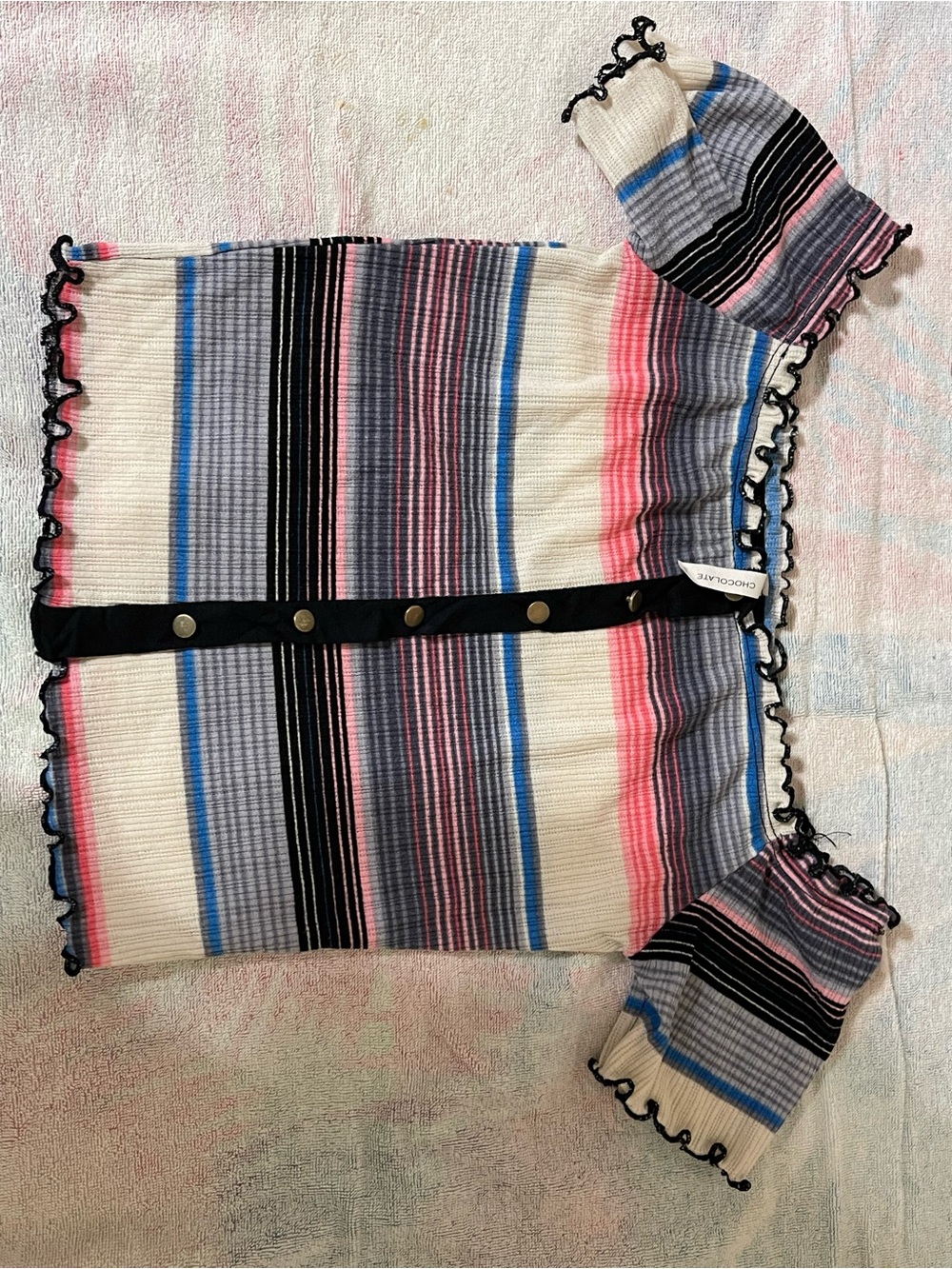 Chocolate Striped Ribbed Off-White, Pink, Blue & Black Button Front Top